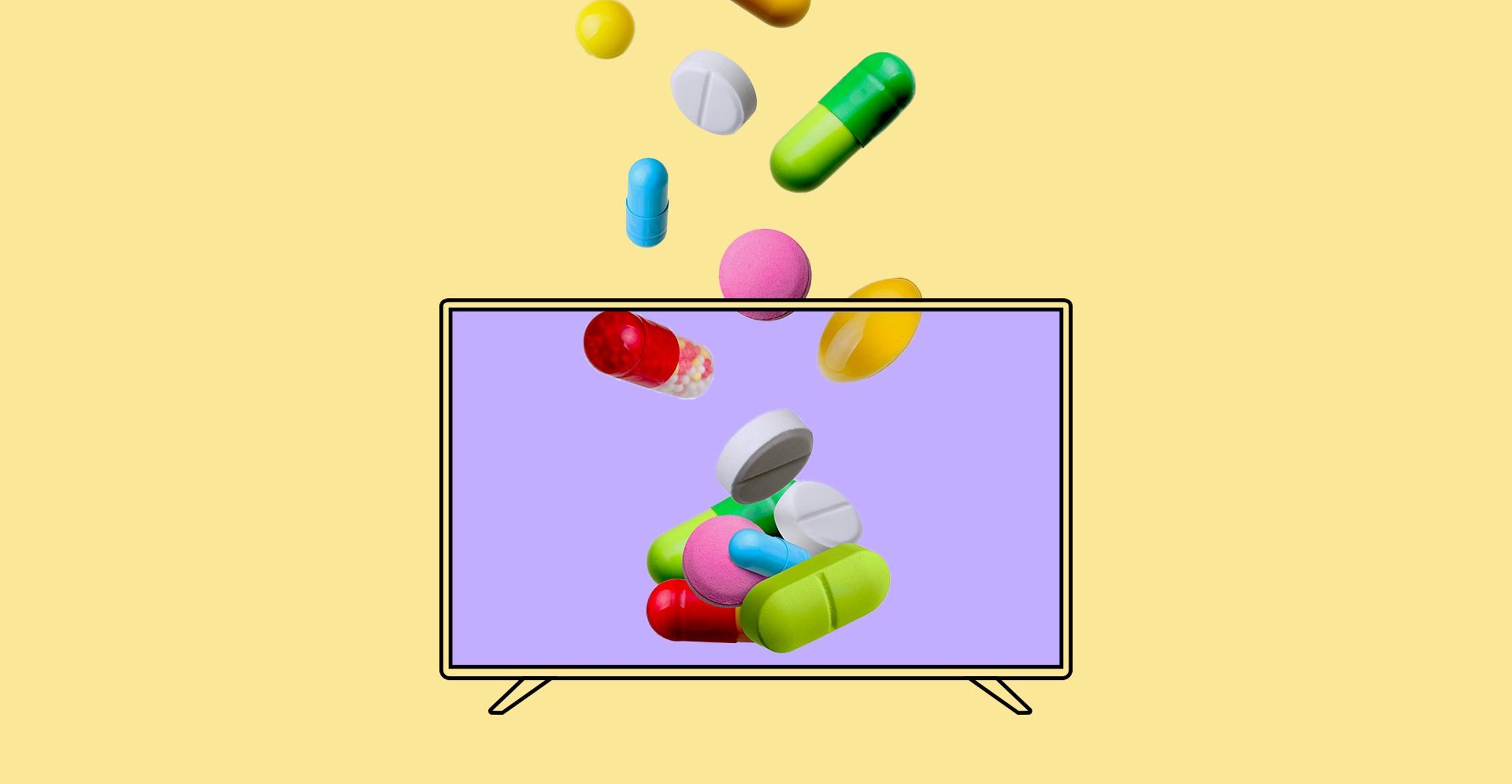 Graphic on a yellow solid background of color pulls falling inside an illustrated tv with a solid purple screen