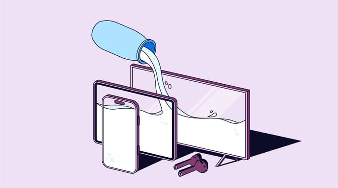 Purple graphic of Danone yogurt pouring into different devices