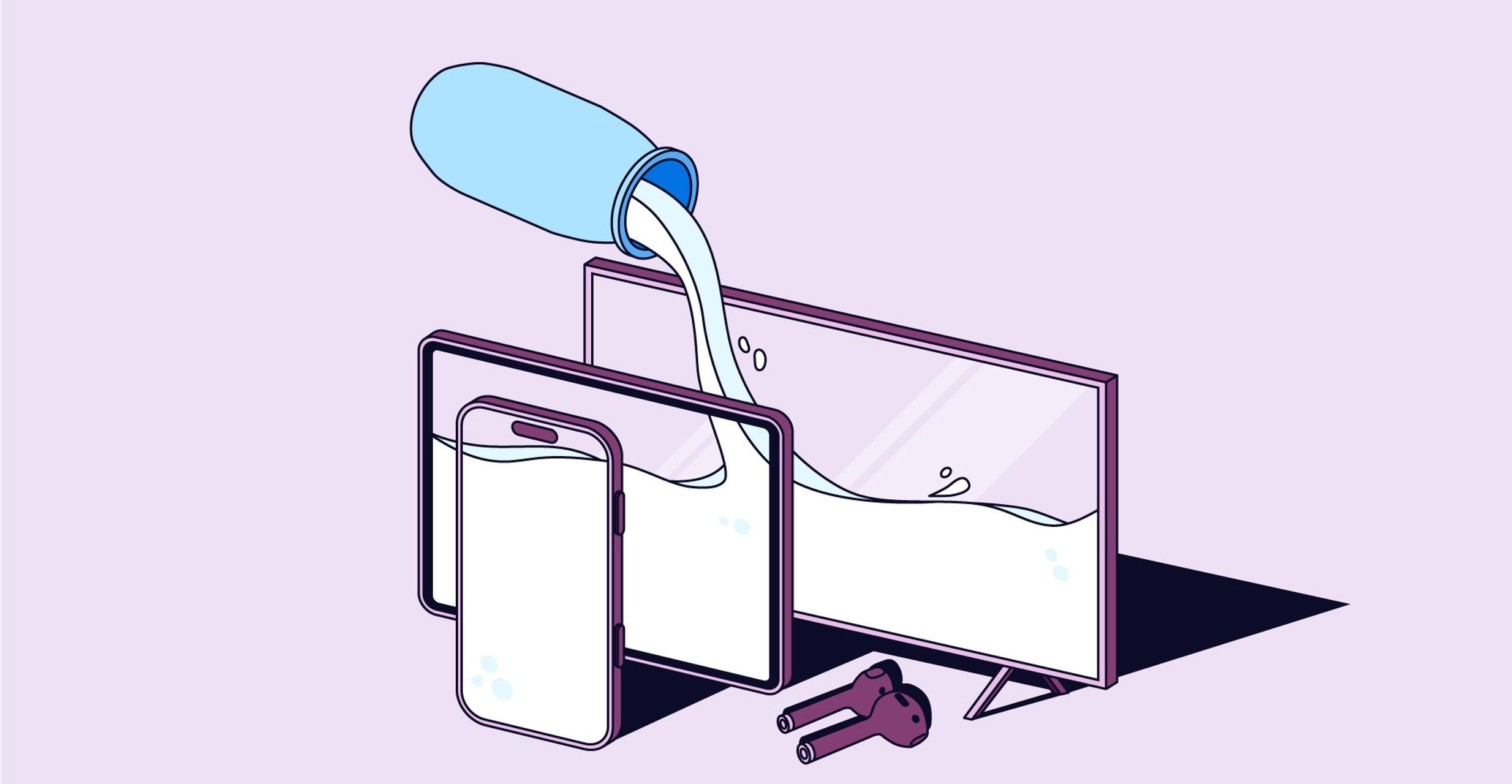 Purple graphic of Danone yogurt pouring into different devices