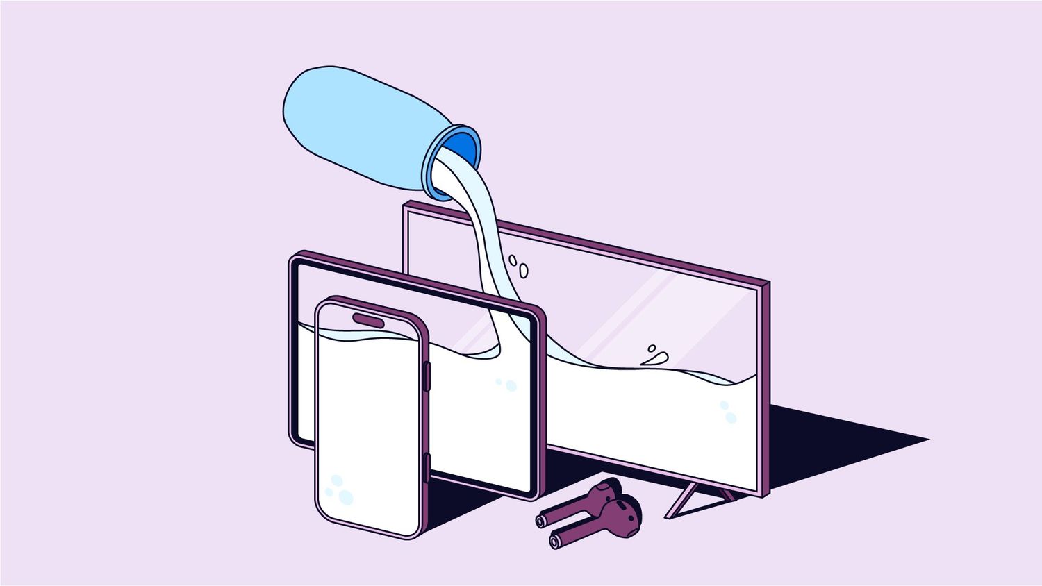 Purple graphic of Danone yogurt pouring into different devices