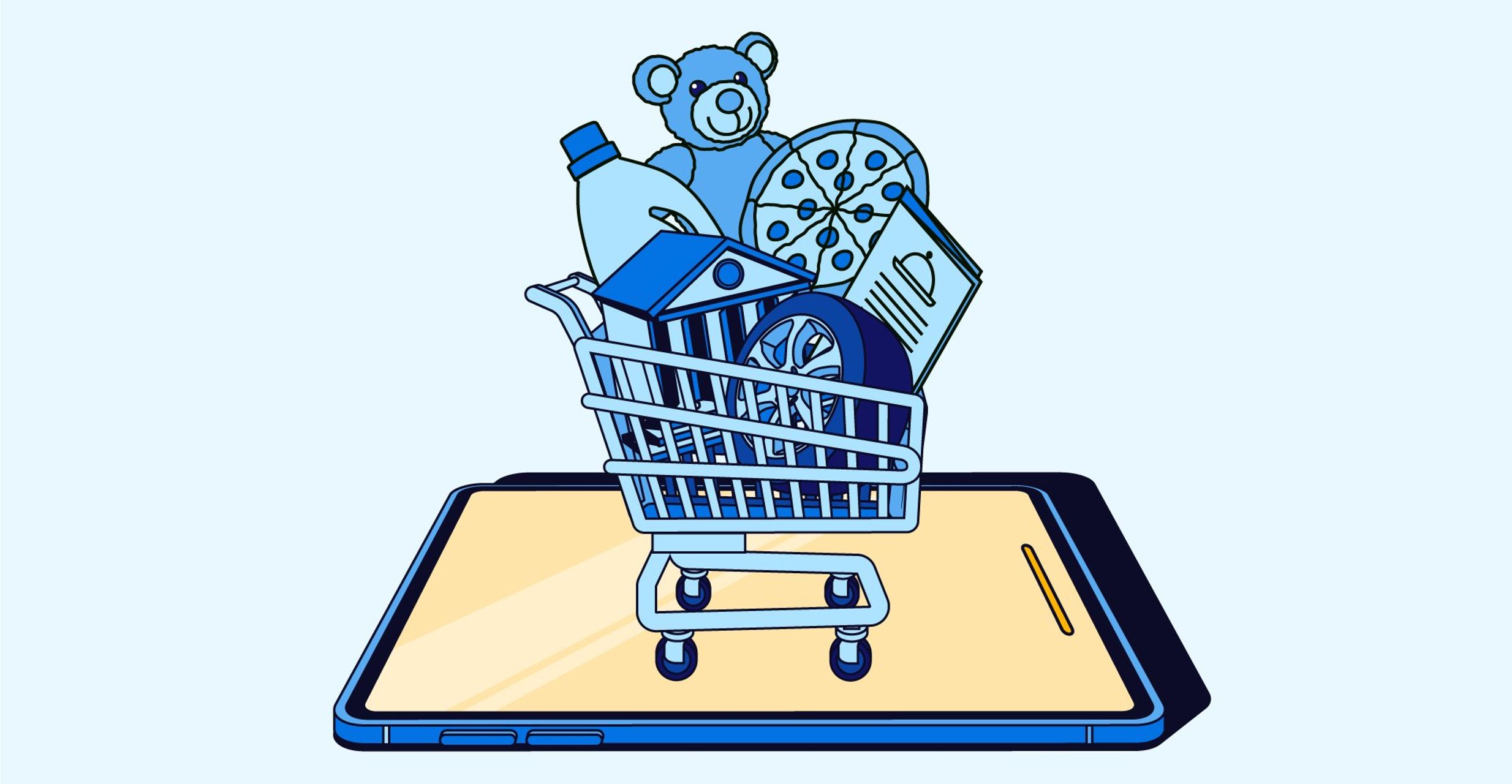 Blue graphic of a shopping cart full of goods, over a yellow phone