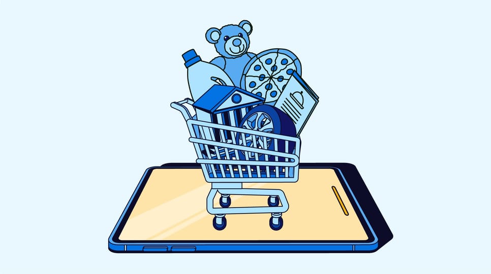 Blue graphic of a shopping cart full of goods, over a yellow phone