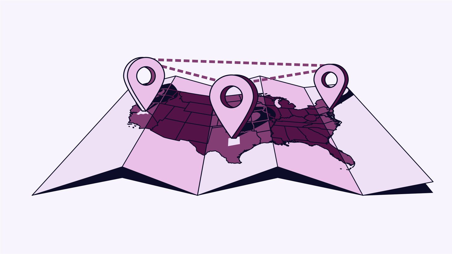 A stylized folded map of the United States with large location pins connected by dashed lines to show multiple mapped points across the country.
