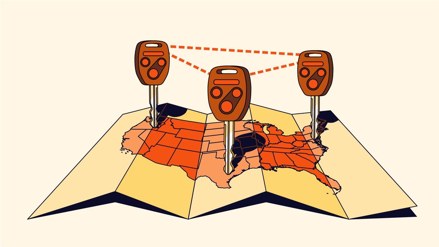 Illustration of three car keys pinned into different U.S. map locations, connected by dotted lines.