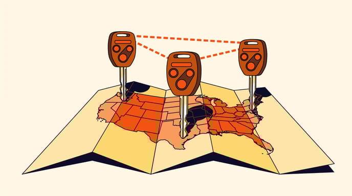 Illustration of three car keys pinned into different U.S. map locations, connected by dotted lines.