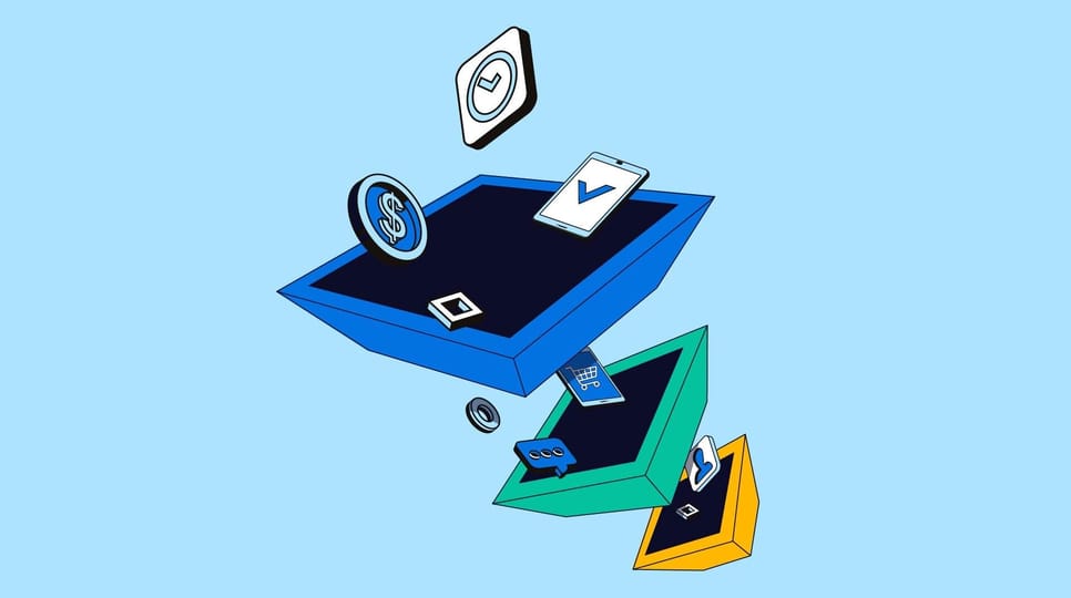 Floating colorful trays hold various digital icons—such as a dollar symbol, checkmarks, a shopping cart, and a chat bubble—representing online commerce and digital interactions.