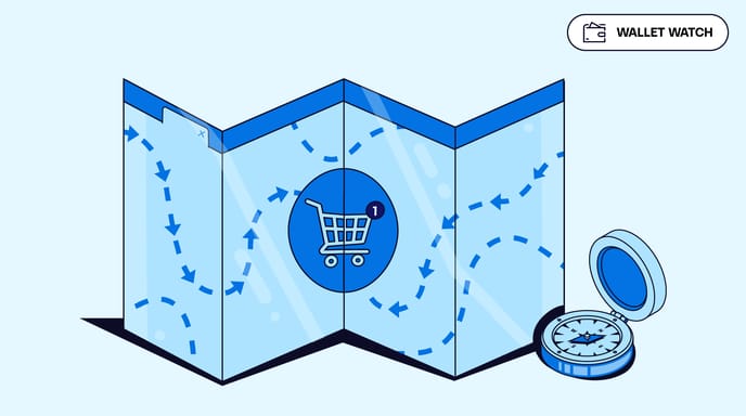 An illustration showing a web browser folded up like a treasure map and multiple paths leading to the center of the map, which is marked with a shopping cart icon. A compass sits next to the browser.