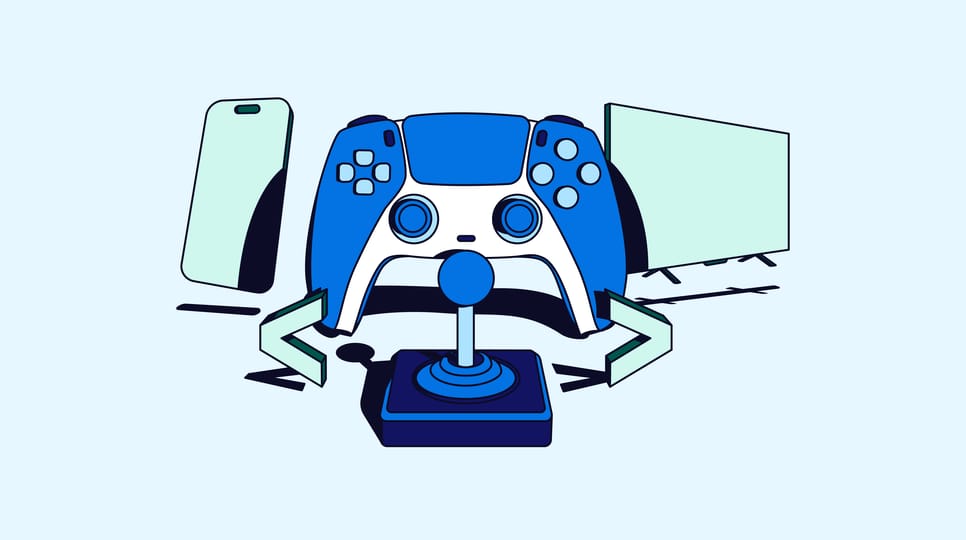 Illustration of a smartphone, game controller, joystick, and TV screen with The Trade Desk logo representing cross-device gaming.