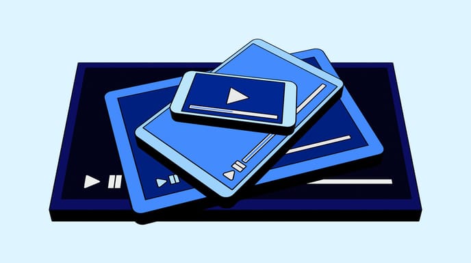 Graphic of various sized tablets and a phone all stacked on top of each other in the color blue