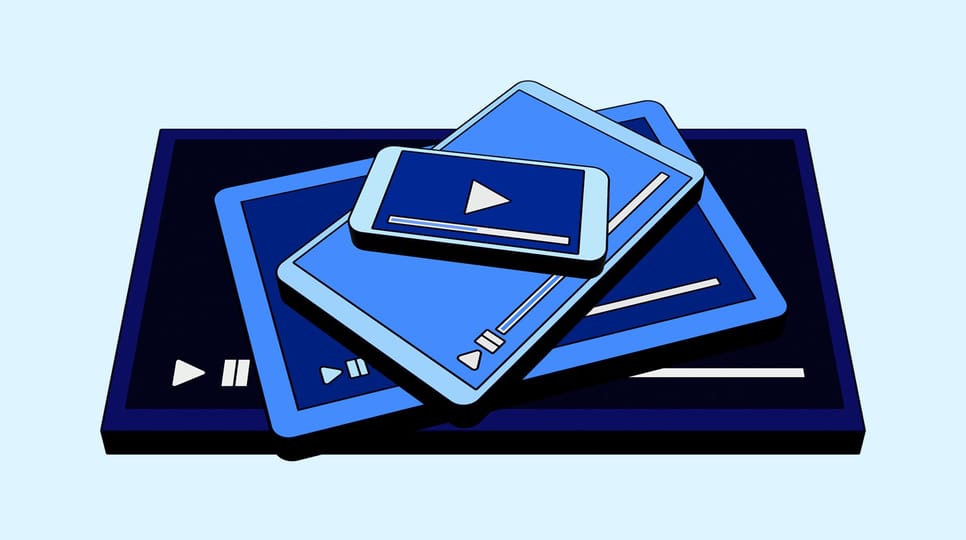 Graphic of various sized tablets and a phone all stacked on top of each other in the color blue