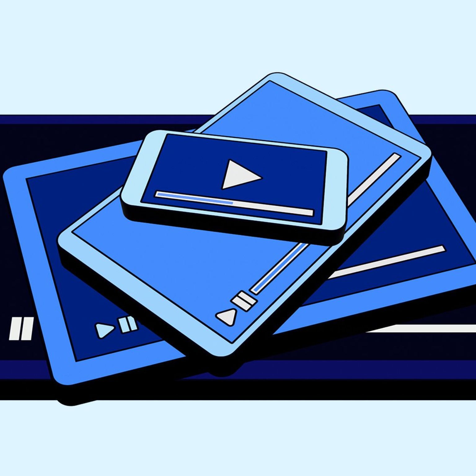 Graphic of various sized tablets and a phone all stacked on top of each other in the color blue