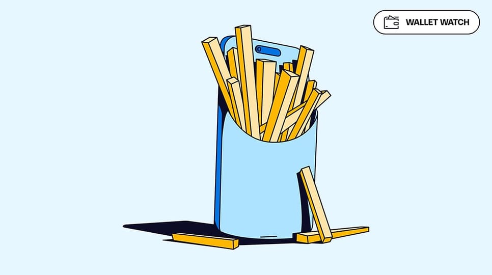 Blue graphic of a carton of french fries with a mobile phone behind it and "Wallet Watch" icon in the top right corner