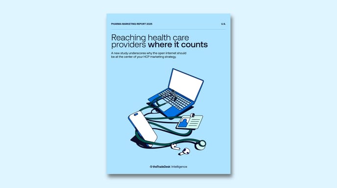 Cover of Pharma Marketing Report 2025 with illustration of a laptop, smartphone, stethoscope, ID badge, and earbuds highlighting strategies to reach health care providers.