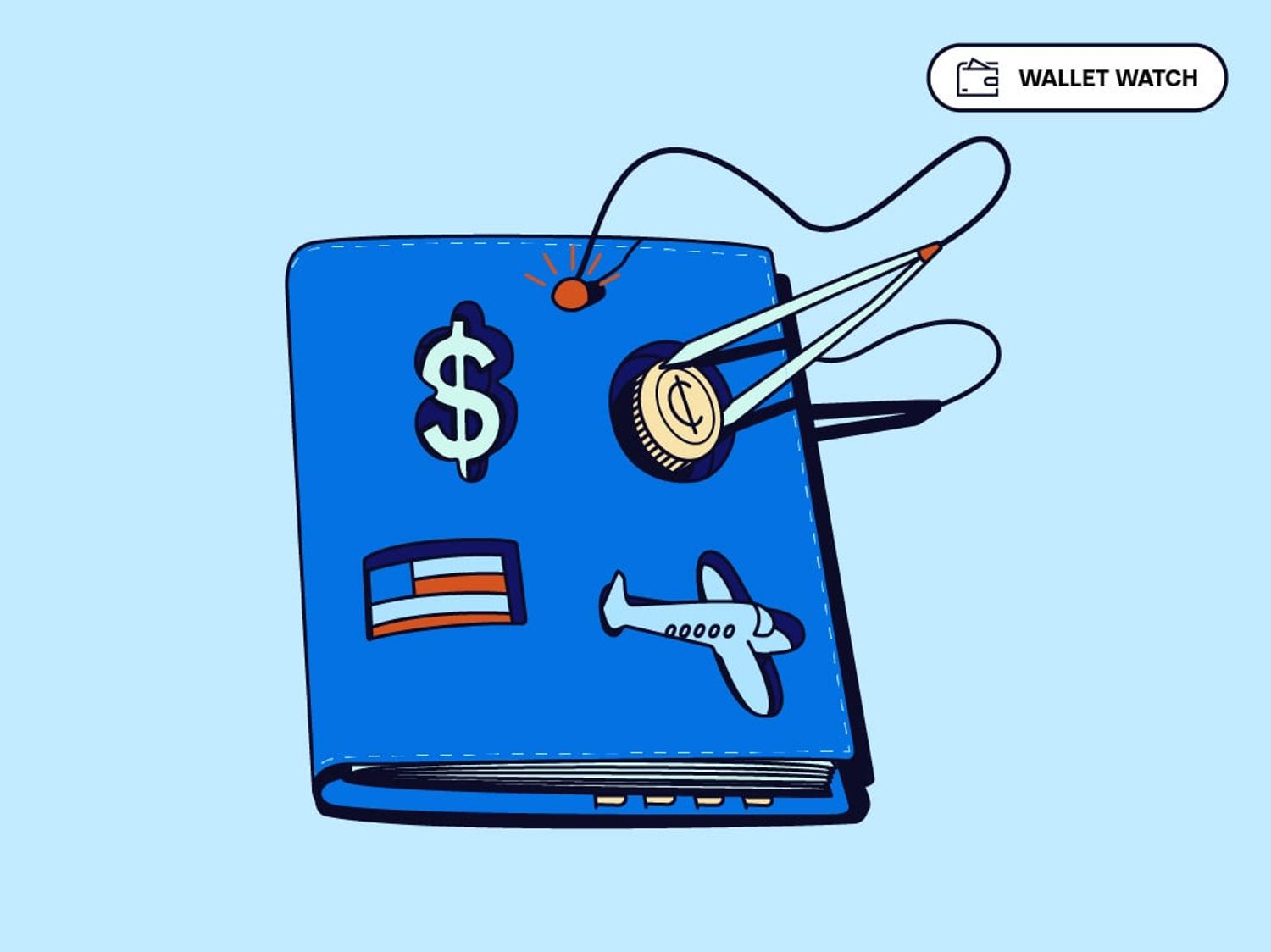 An illustration of a blue wallet with travel and money-themed patches being targeted by a compass tool, symbolizing financial tracking or budget navigation.