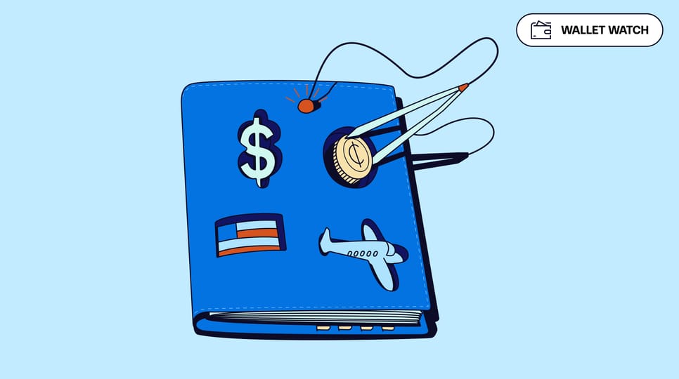 Illustration of a blue wallet with travel and money-themed patches being stitched with a coin and thread, labeled "Wallet Watch" in the corner.