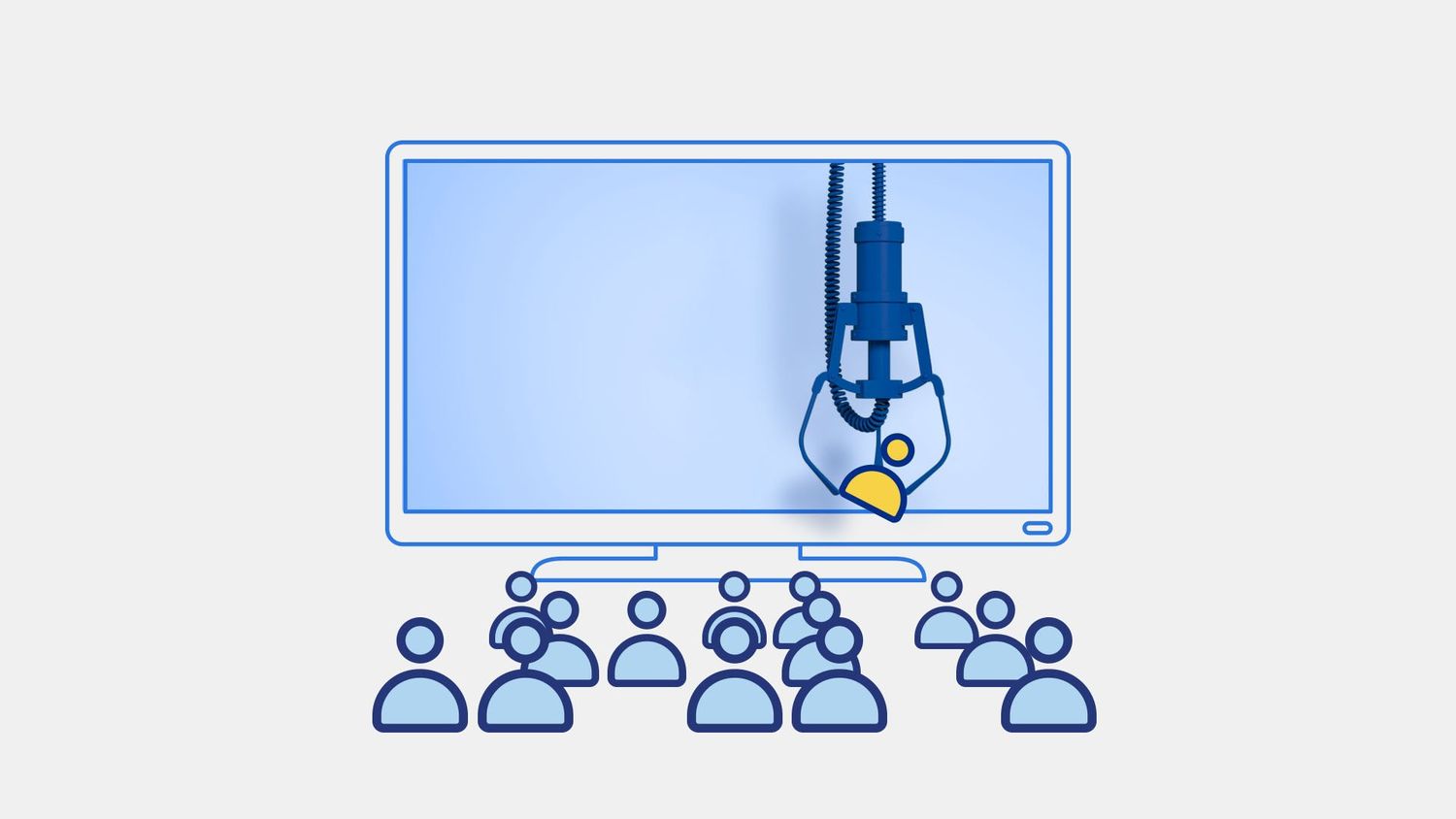 Graphic of a claw machine inside of a computer picking up icons of people