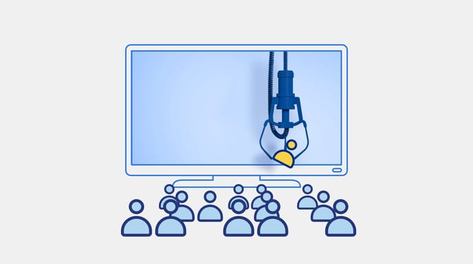 Graphic of a claw machine inside of a computer picking up icons of people