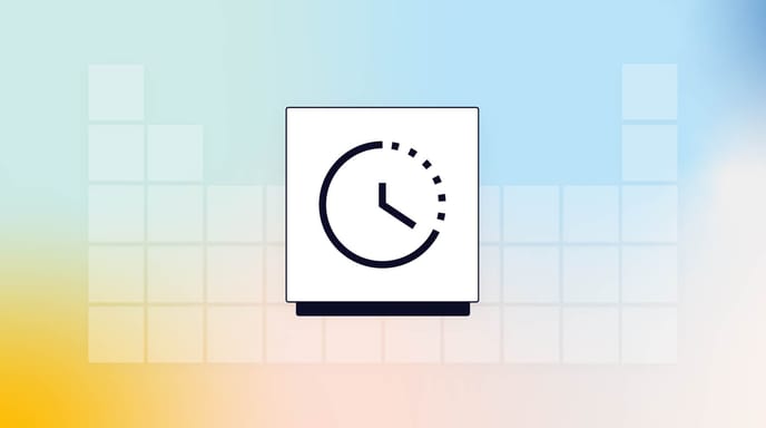 An icon of a clock with a progress indicator, displayed on a white square over a gradient background of blue, yellow, and pink with block-like patterns.