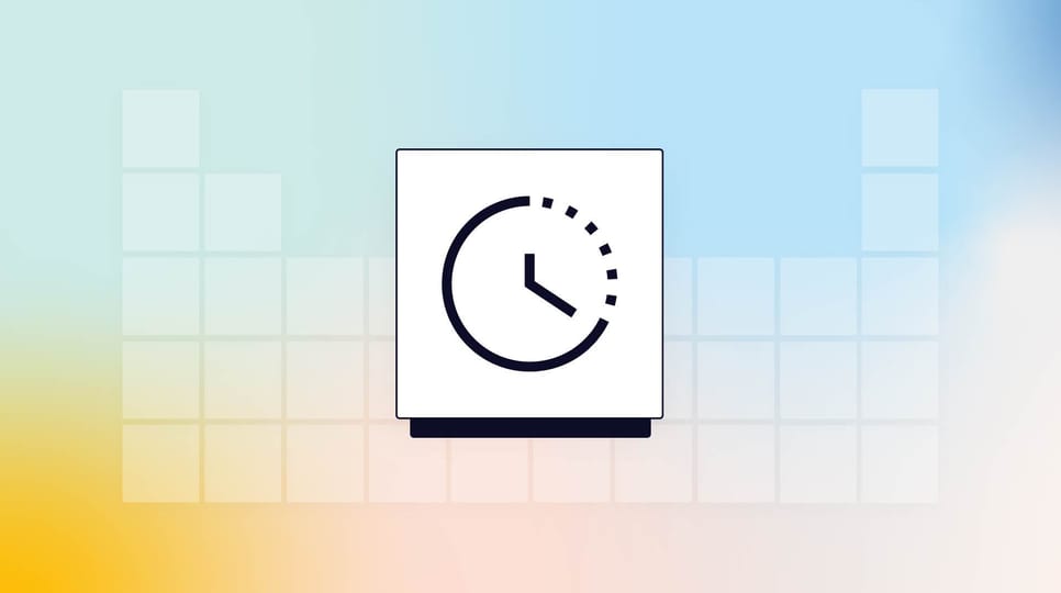 An icon of a clock with a progress indicator, displayed on a white square over a gradient background of blue, yellow, and pink with block-like patterns.