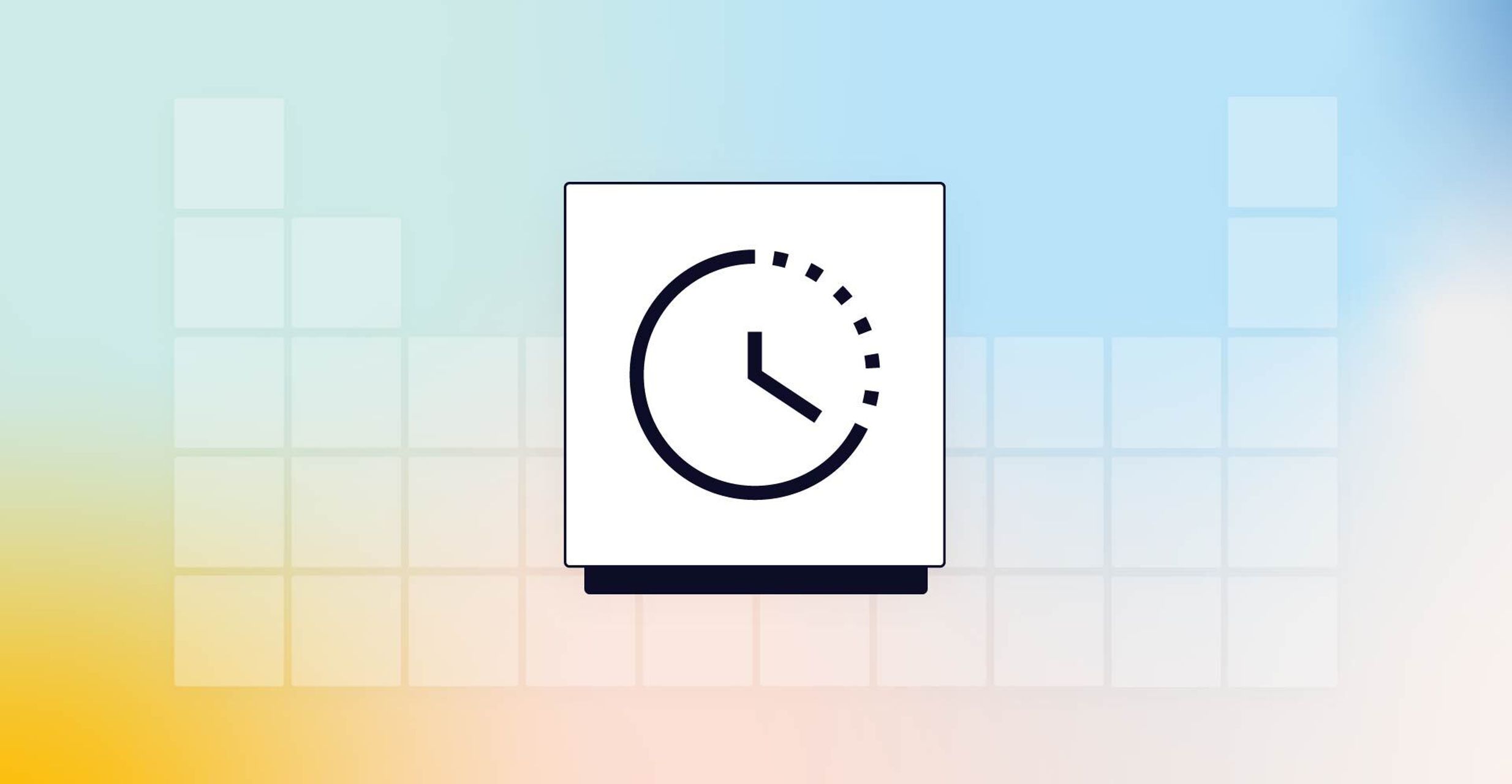 An icon of a clock with a progress indicator, displayed on a white square over a gradient background of blue, yellow, and pink with block-like patterns.