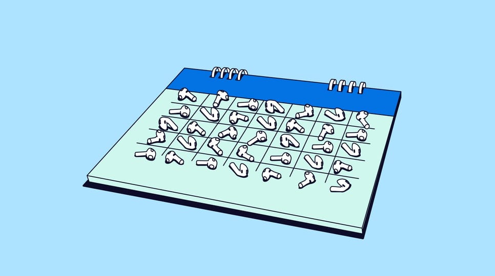 llustration of a desk calendar with a grid filled with repeated wireless earbud icons representing scheduled audio-related events or reminders.
