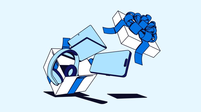 Graphic of a blue holiday present with a laptop, headphone and phone coming out of it