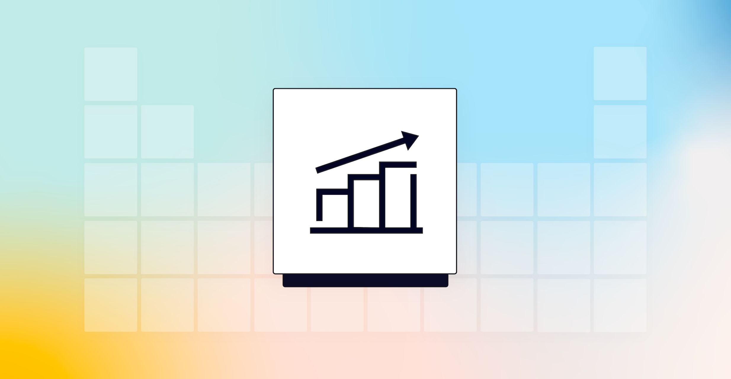 A black upward-trending bar chart with an arrow is centered on a white square, set against a gradient blue and yellow background with faint grid lines.
