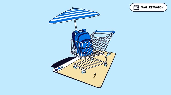 Illustration of a shopping cart with backpacks under a striped beach umbrella, placed on a smartphone screen resembling a beach towel, symbolizing online back-to-school shopping.