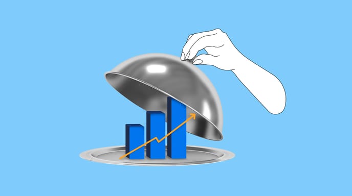 A hand lifts a metal plate cover to reveal a bar chart with a line chart on top that progresses upwards