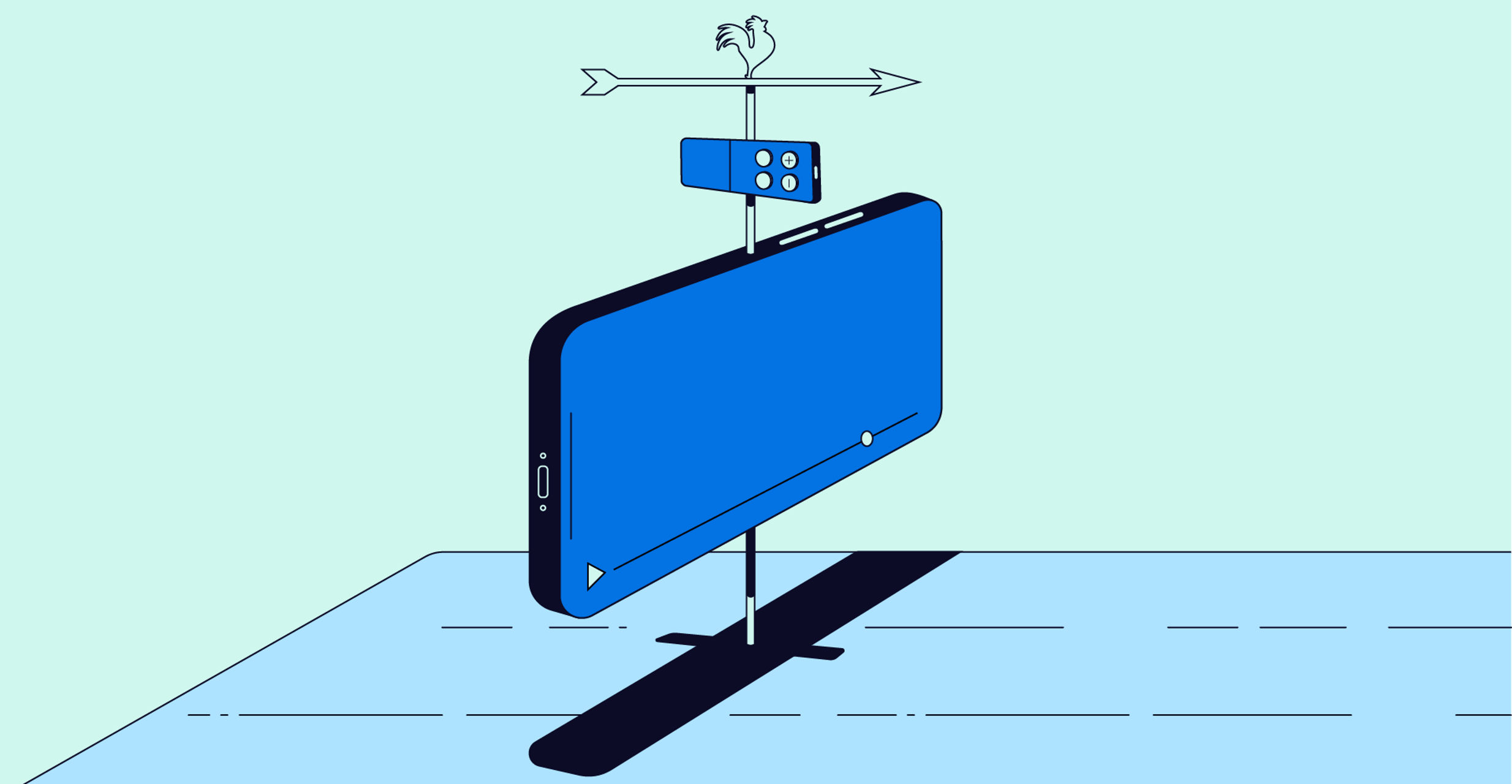 A cellphone and remote stacked on a weathervane sit atop a roof