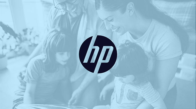 A promotional image with a blue-toned filter, featuring the HP logo over a background of a happy family of four sitting together, smiling and looking at a book.