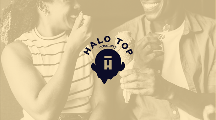 Two people smiling and eating Halotop icecream with a yellow overlay and the Halotop logo in the center