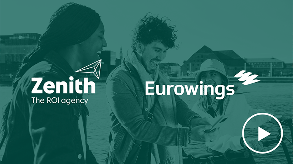 Image of three friends outside, looking at a phone and smiling with a green wash over and Zenith and Eurowings logos over top
