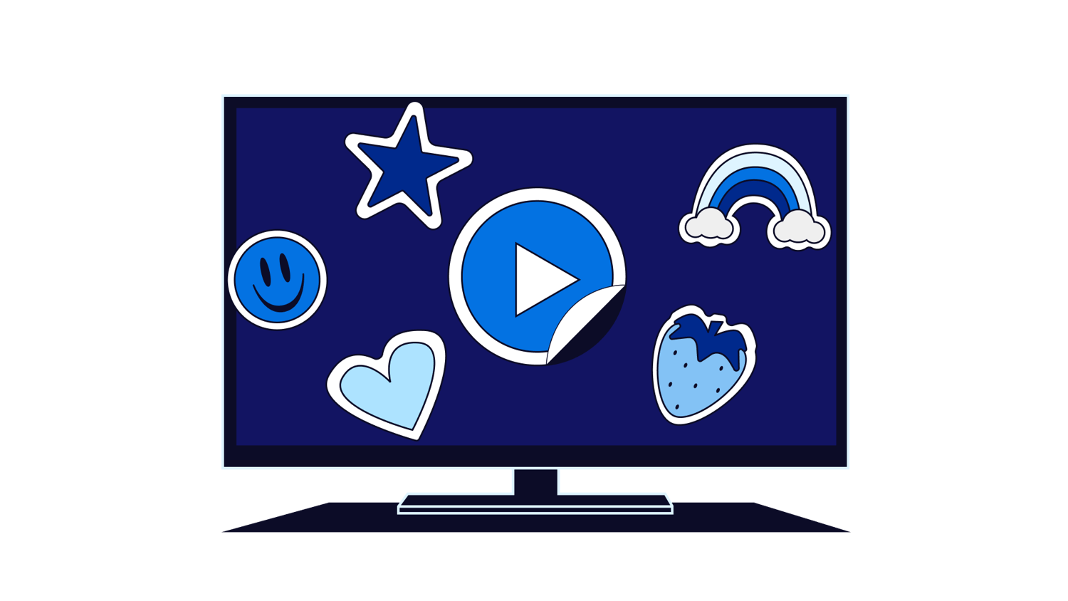 Colorful sticker graphics displayed on a TV screen with a play button icon