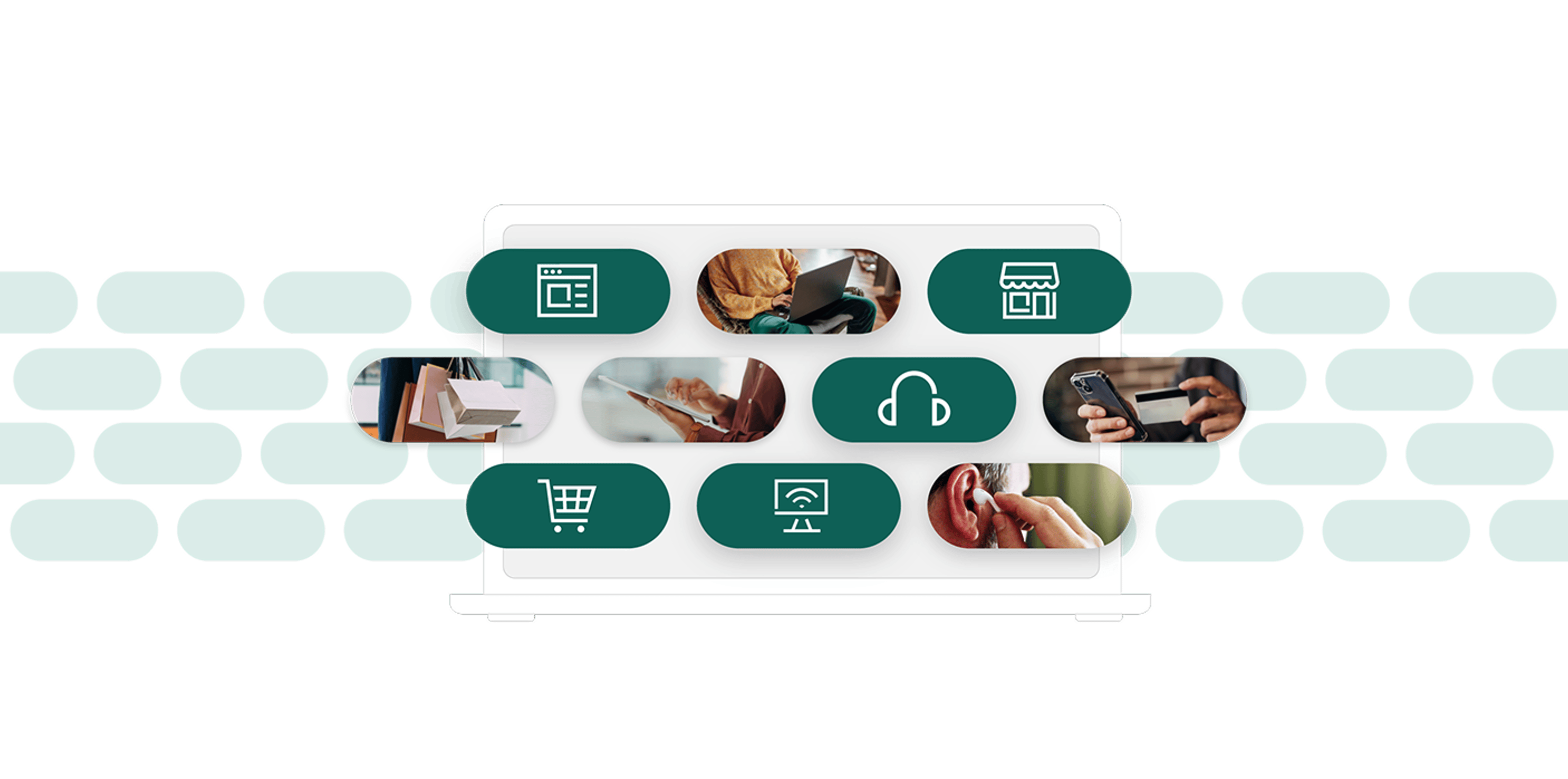 Digital illustration showing online shopping, mobile devices, and connected consumer experiences