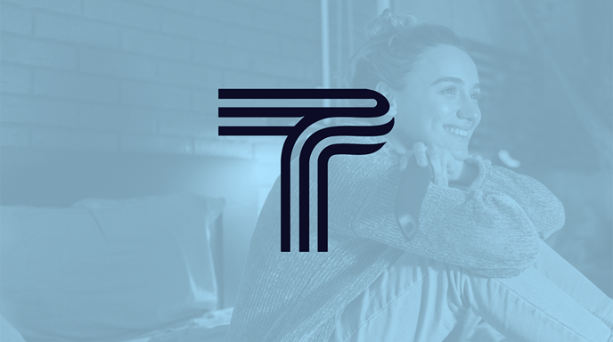 Together agency logo over a blue image of a woman sitting and smiling