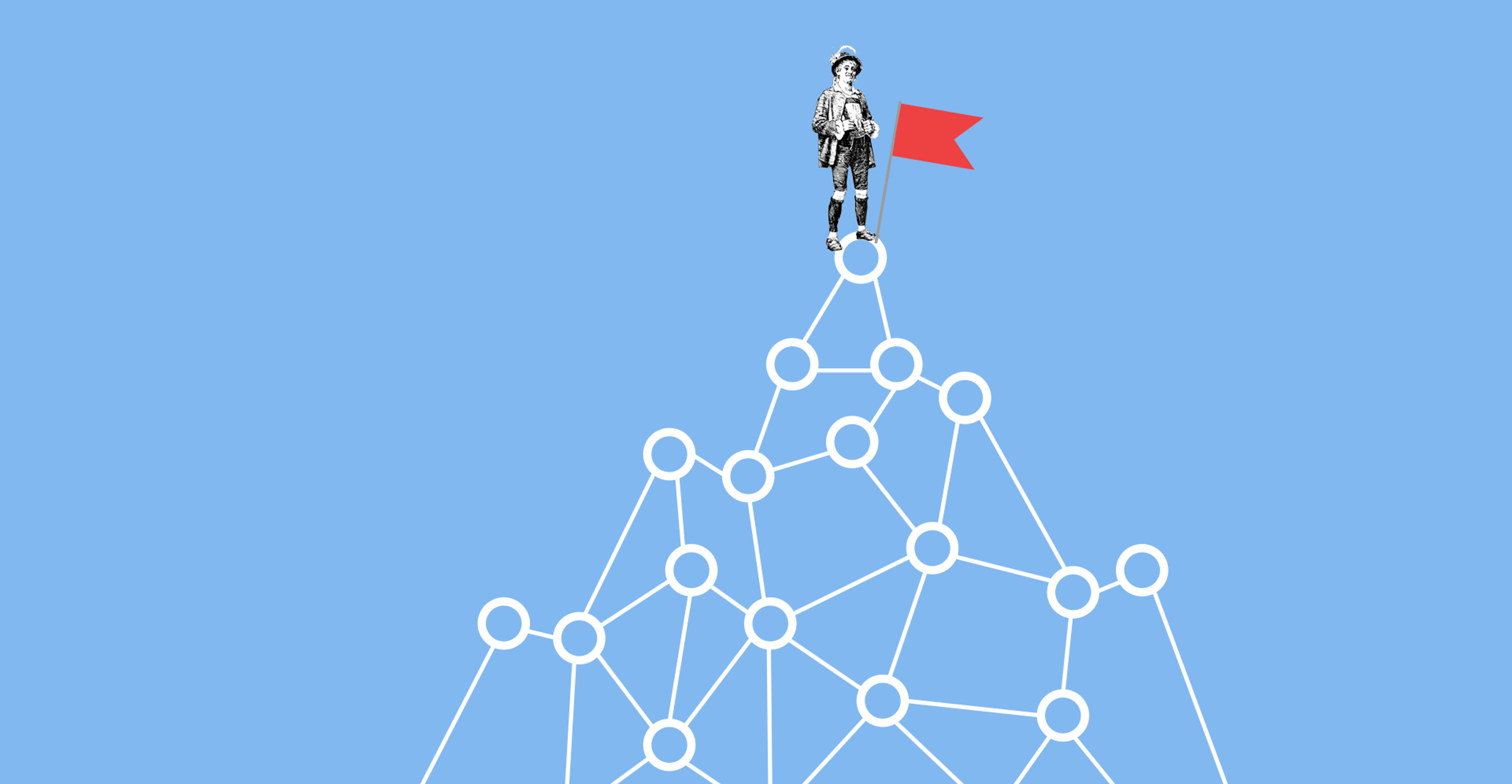A person atop a network holds a red flag of success.