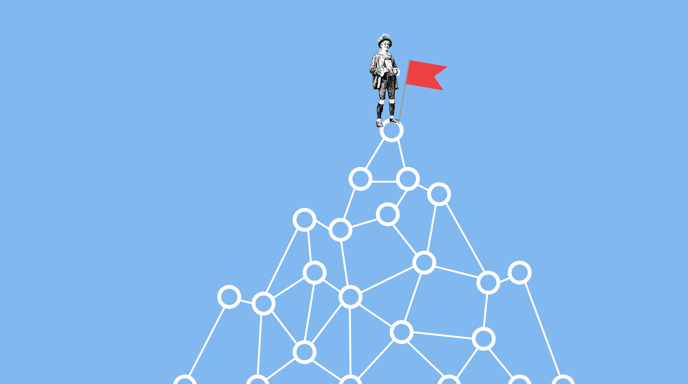 A person atop a network holds a red flag of success.