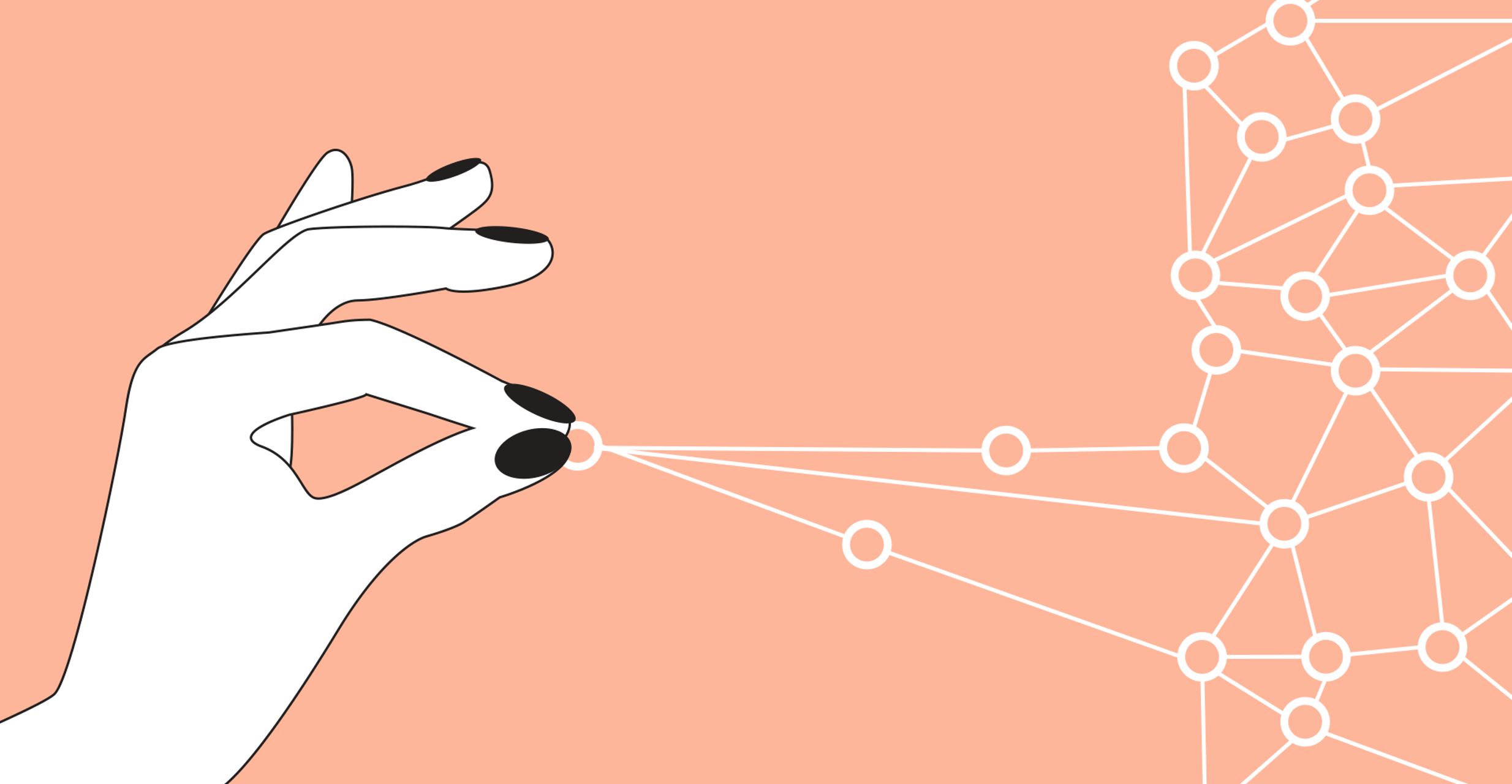 A hand connects a network of dots against a peach-colored background.