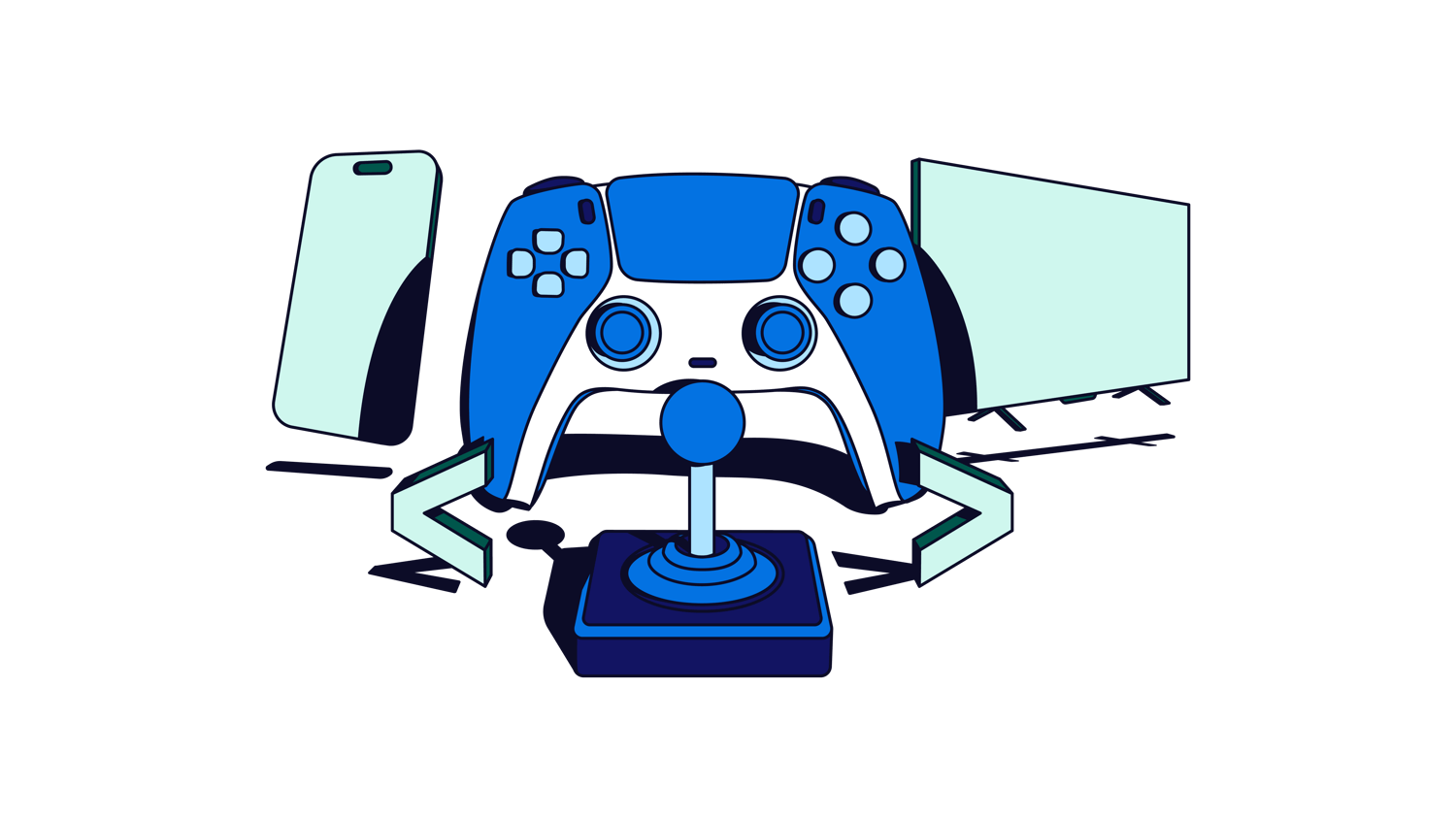 Illustration of a smartphone, game controller, joystick, and TV screen with The Trade Desk logo representing cross-device gaming.