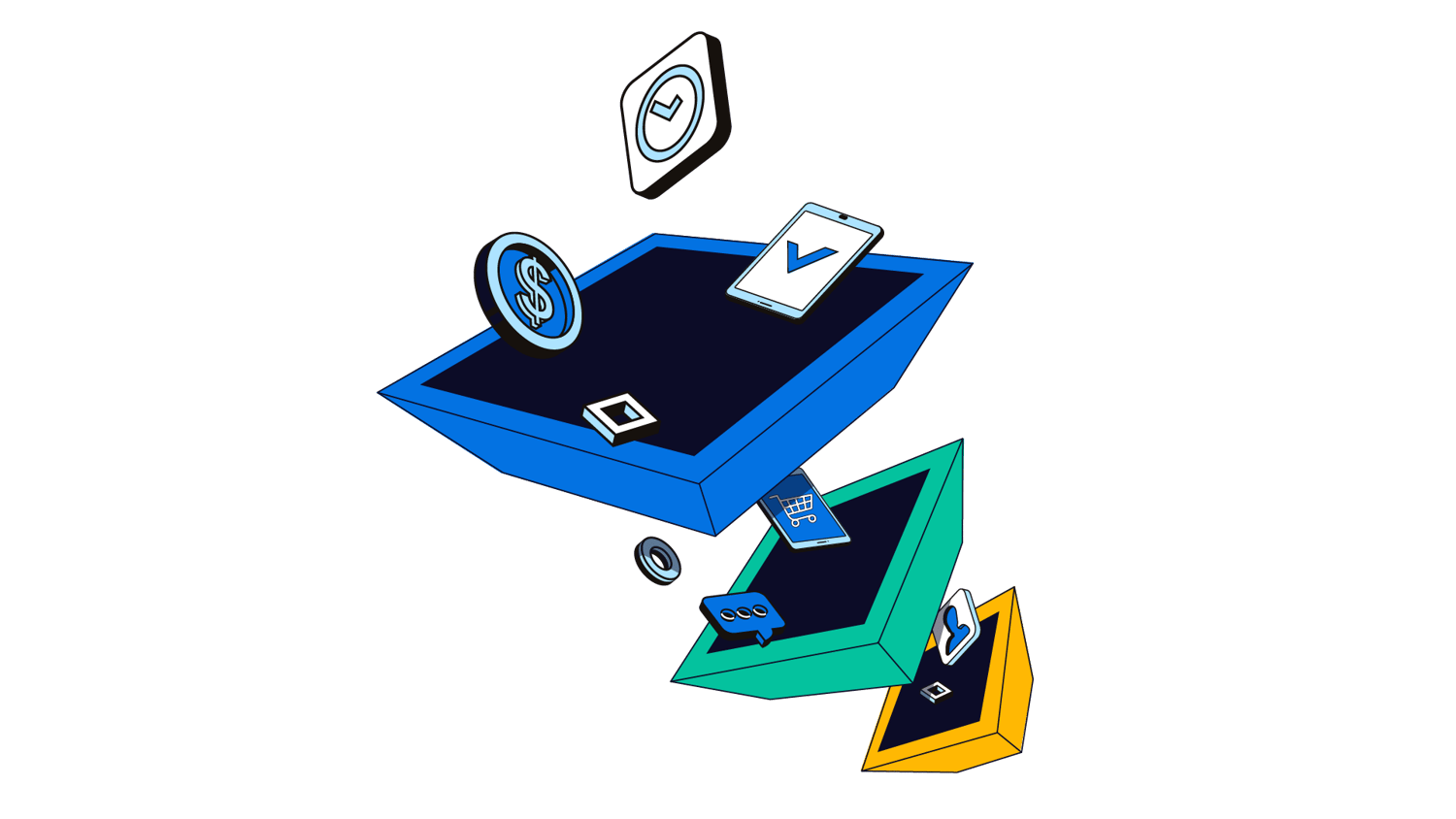 A set of colorful, floating geometric trays hold various digital icons—such as a dollar sign, checkmark, shopping cart, and chat bubble—representing online transactions and digital interactions.