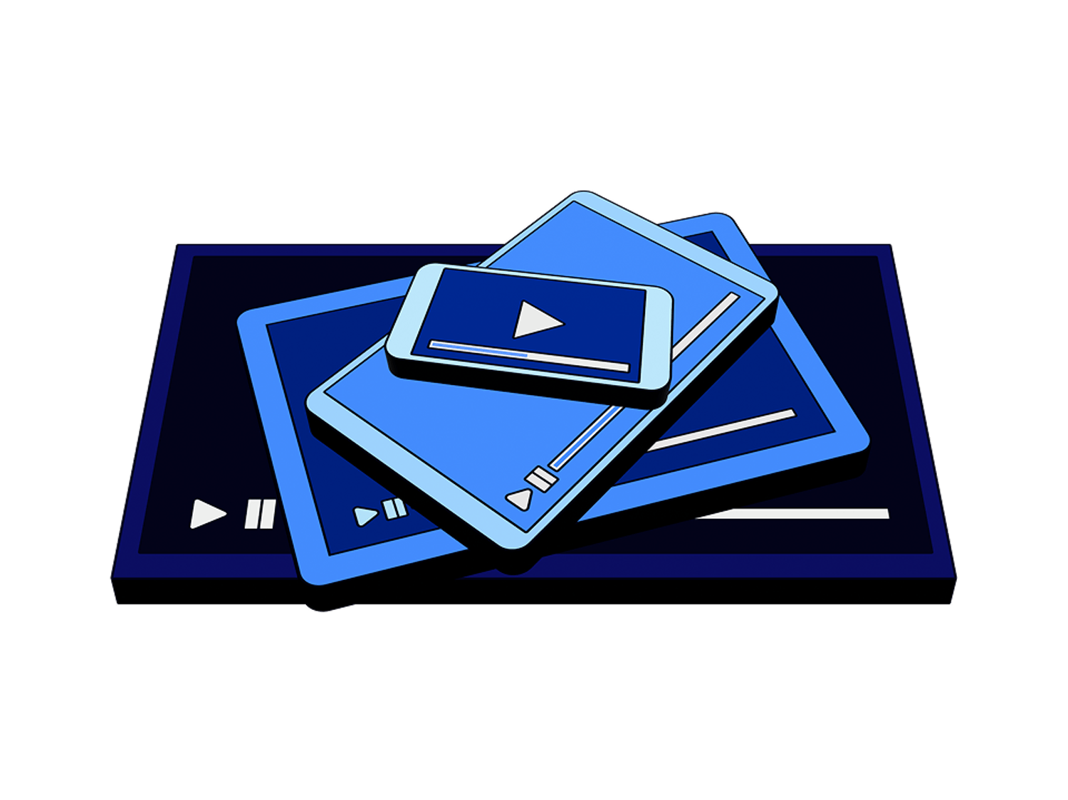 Graphic of various sized tablets and a phone all stacked on top of each other in the color blue