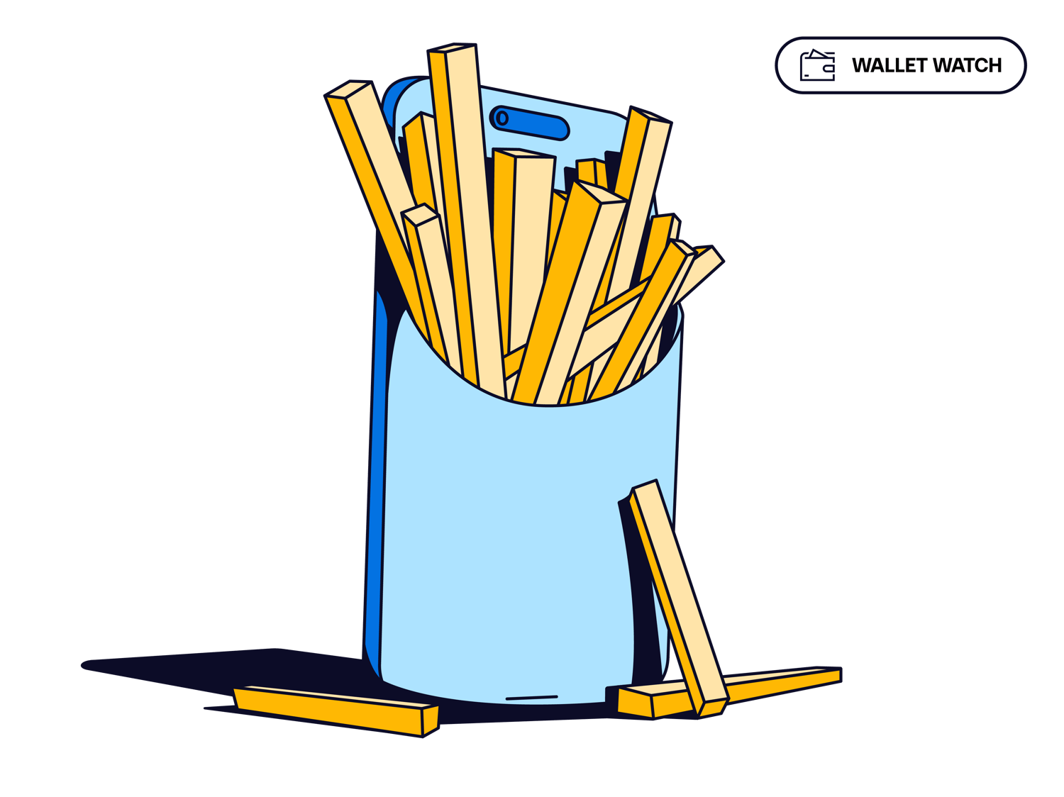 Blue graphic of a carton of french fries with a mobile phone behind it and "Wallet Watch" icon in the top right corner