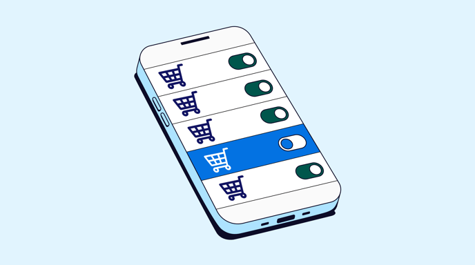Graphic of a phone with shopping carts and button toggles to represent an article about: There are 2 kinds of personal-care shoppers. Here’s how to reach them.