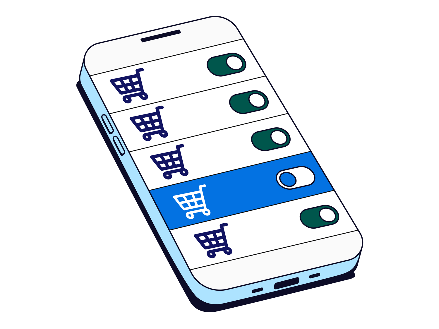 Graphic of a phone with shopping carts and button toggles to represent an article about: There are 2 kinds of personal-care shoppers. Here’s how to reach them.
