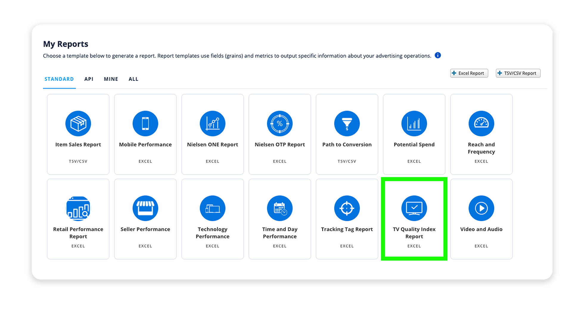 Dashboard view of report templates showing various performance and analytics reports in Excel format