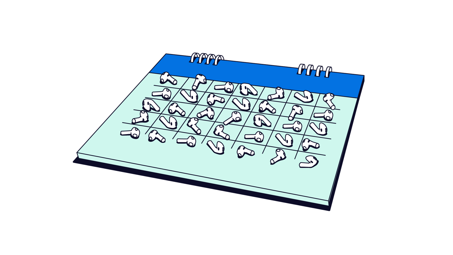 llustration of a desk calendar with a grid filled with repeated wireless earbud icons representing scheduled audio-related events or reminders.
