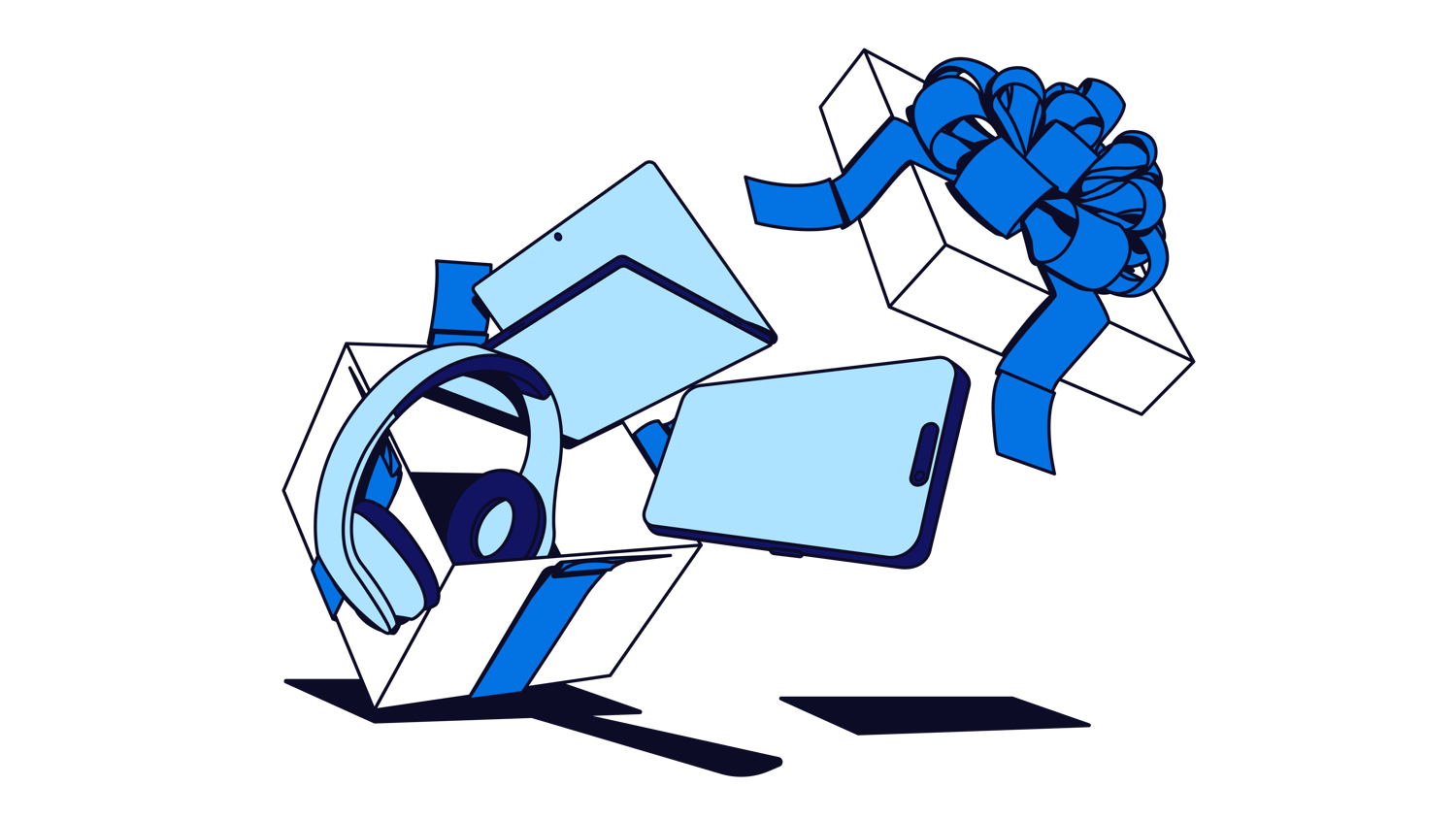 Graphic of a blue holiday present with a laptop, headphone and phone coming out of it