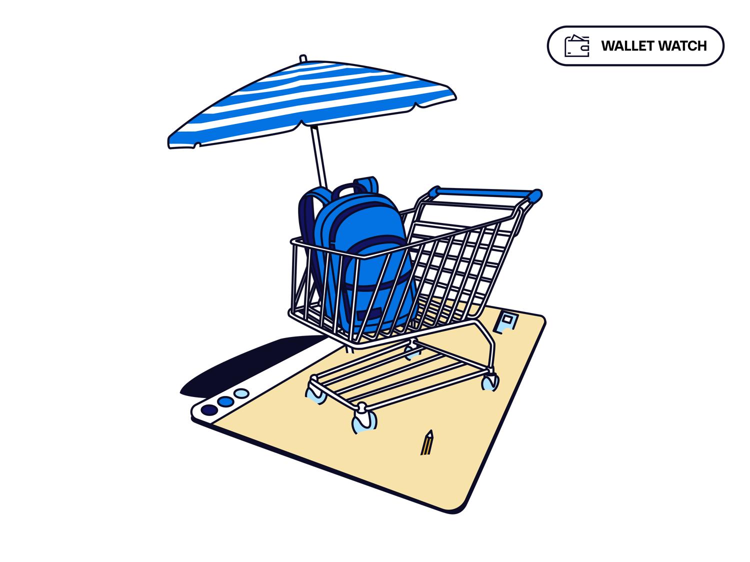 Illustration of a shopping cart with backpacks under a striped beach umbrella, placed on a smartphone screen resembling a beach towel, symbolizing online back-to-school shopping.