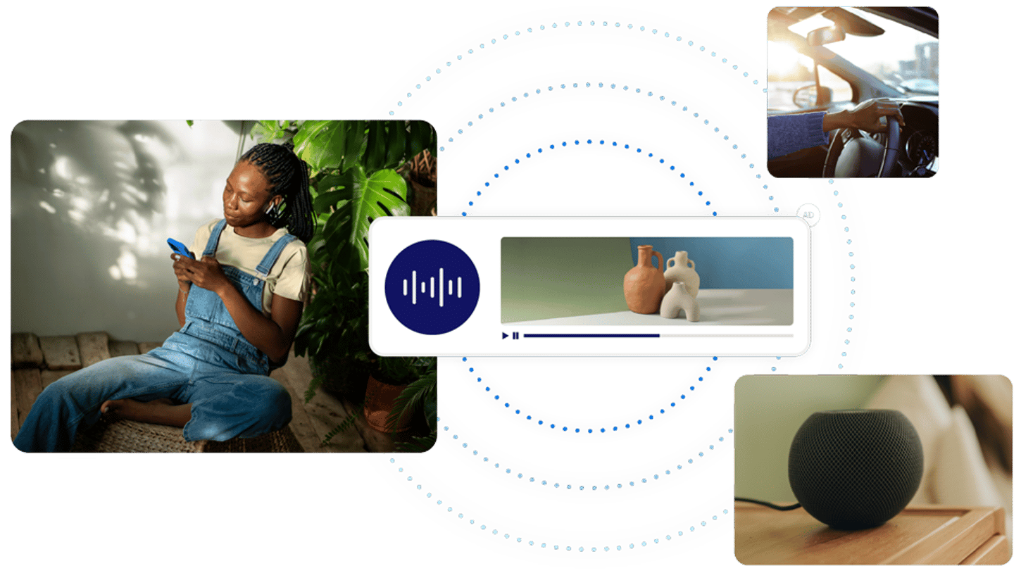 A collage-style digital illustration showing a woman using a smartphone, a person driving, a smart speaker, and an audio player interface, representing seamless audio streaming and connectivity.